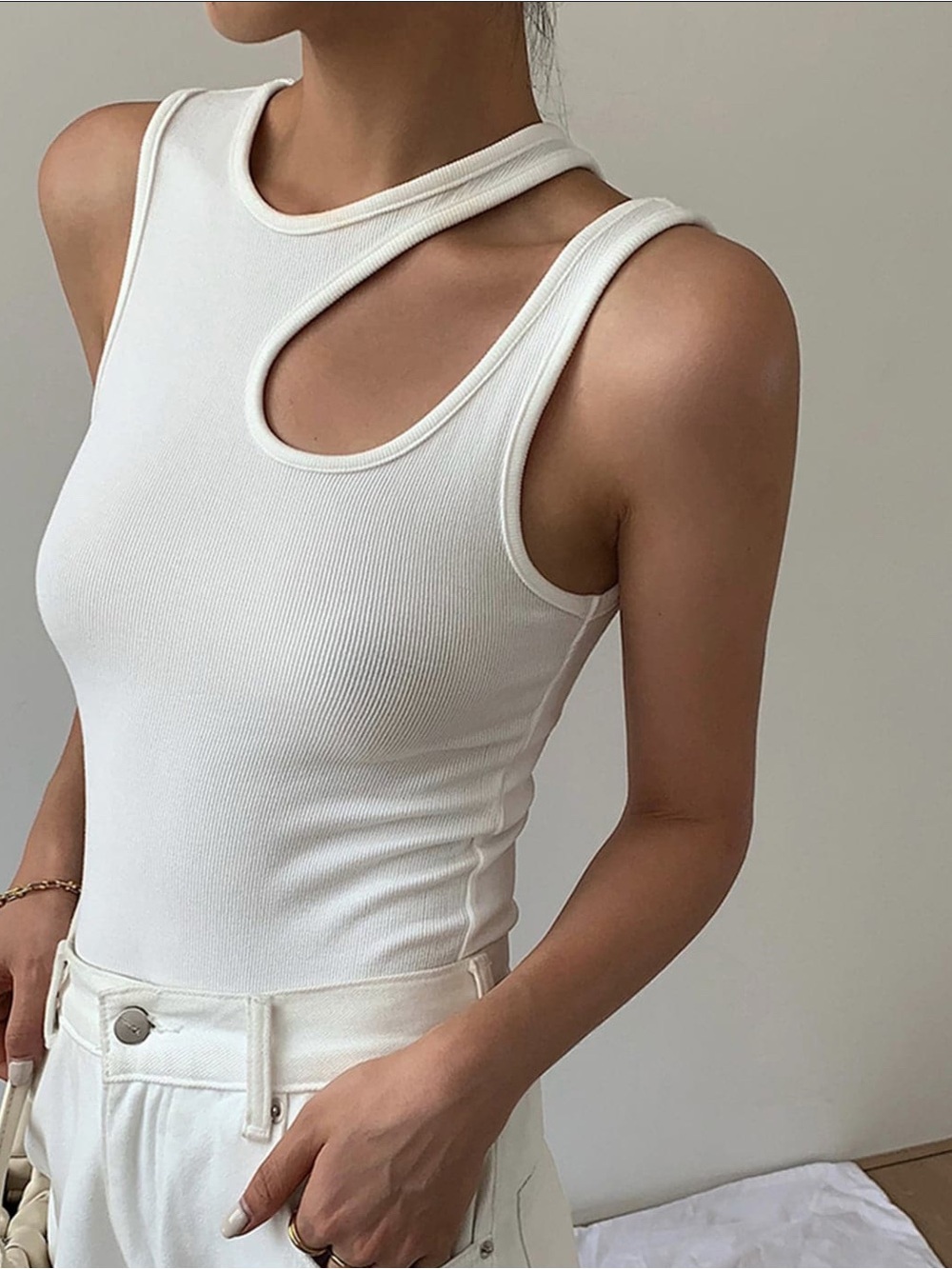 Zara White Ribbed Cutout Tank Top
